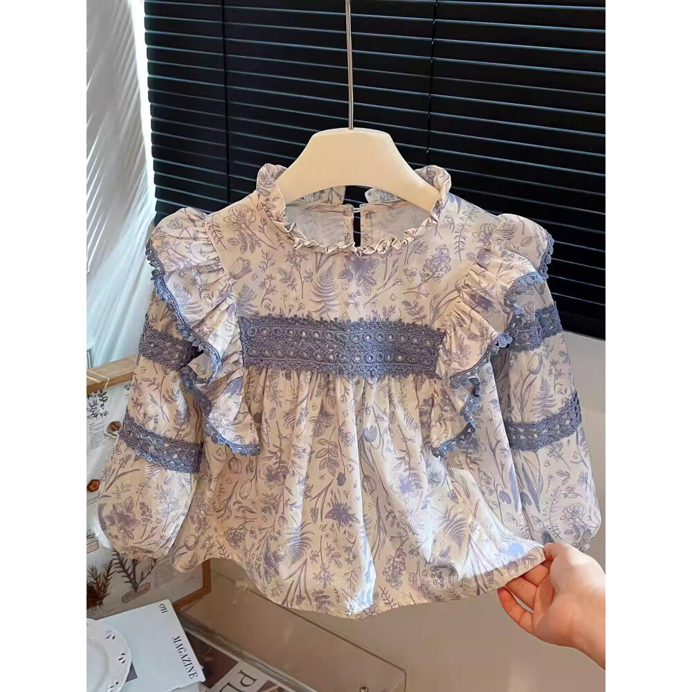 CHICMORE Atasan Wanita|Kemeja Motif Bunga|Lengan Balon Renda|Kerah Ruffle Tali Belakang|Bahan Katun 