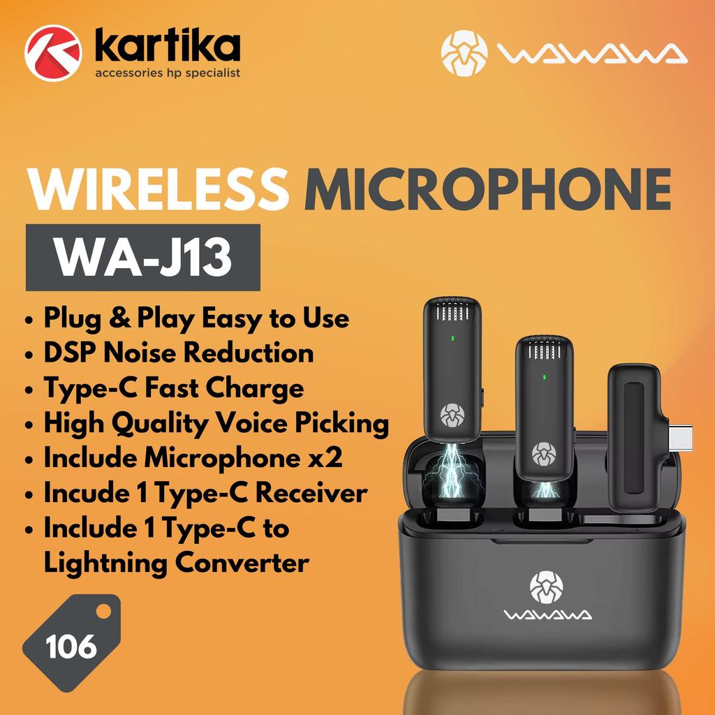 Wawawa WA-J13 Wireless Microphone Dual Mic Clip On Noise Reduction DSP Type C & Lightning iPhone And