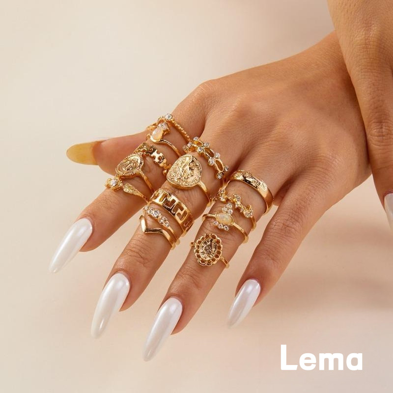 [Lema] Cincin set stackable berwarna emas dengan desain wajah wanita koin salib dan hati Q375
