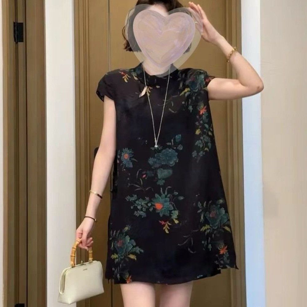 Peony Casual Two-piece Wanita Cheongsam Top Shorts Set