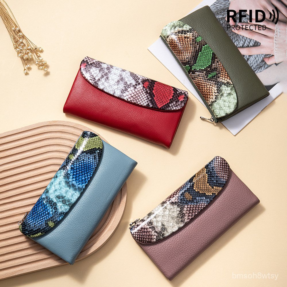 Dompet wanita dari kulit asli, model panjang yang modis, kapasitas besar, dompet lipat tiga anti-mal