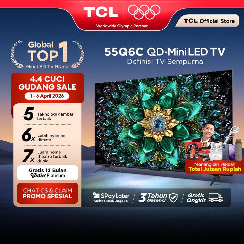 TCL 55 Inch QD-Mini LED TV Q6C - AiPQ Pro Processor - 6in1 Healthy Eye care - 144Hz - Smart Android 