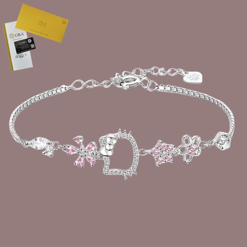 Termasuk Sertifikat GRA Gelang Moissanite Berlian Pink Hello Kitty Bestie - Charm Kartun Lucu