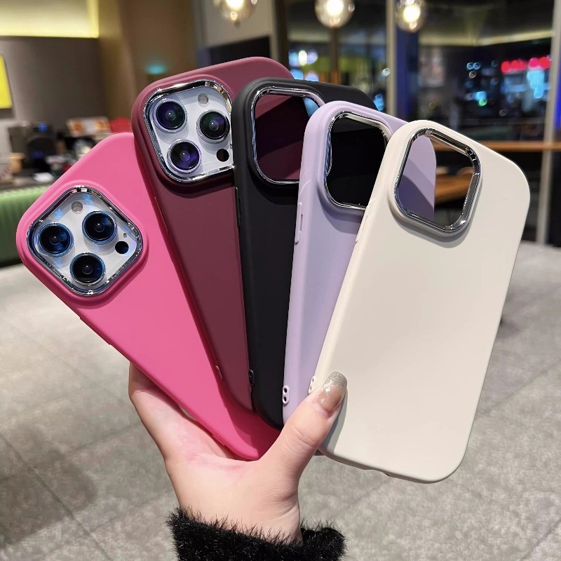 Casing HP iPhone Silikon Lembut Anti Jatuh Bingkai Kamera Metal Warna Polos Aesthetic For Xiaomi Red