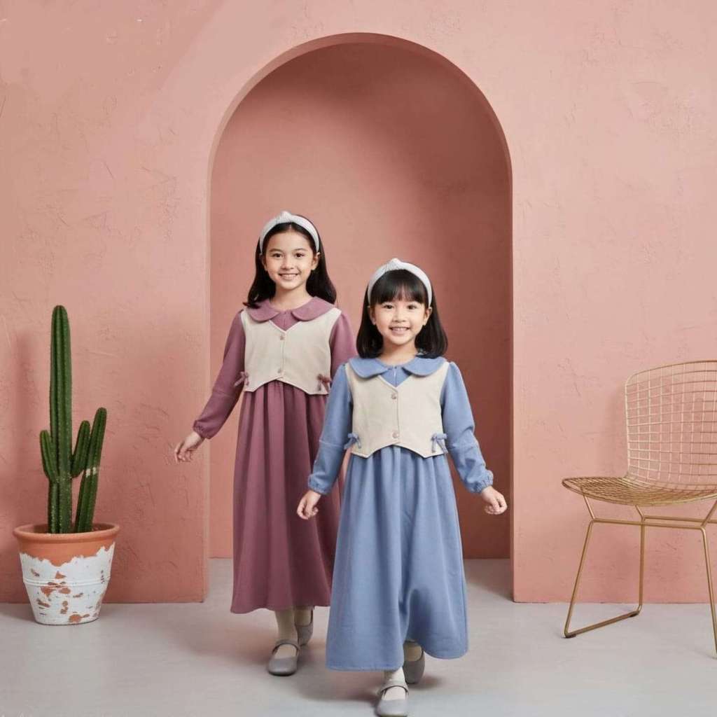 Gamis Anak Vest Pita Bahan Rib Knit