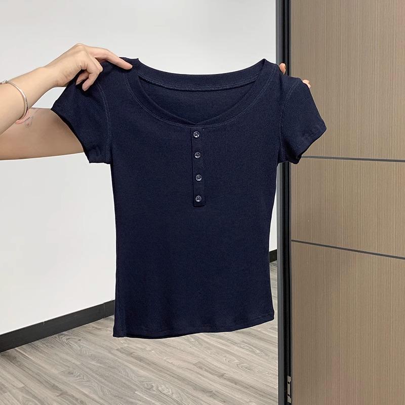 Kaos kancing kerah Henley biru tua/crop top polos lengan pendek wanita