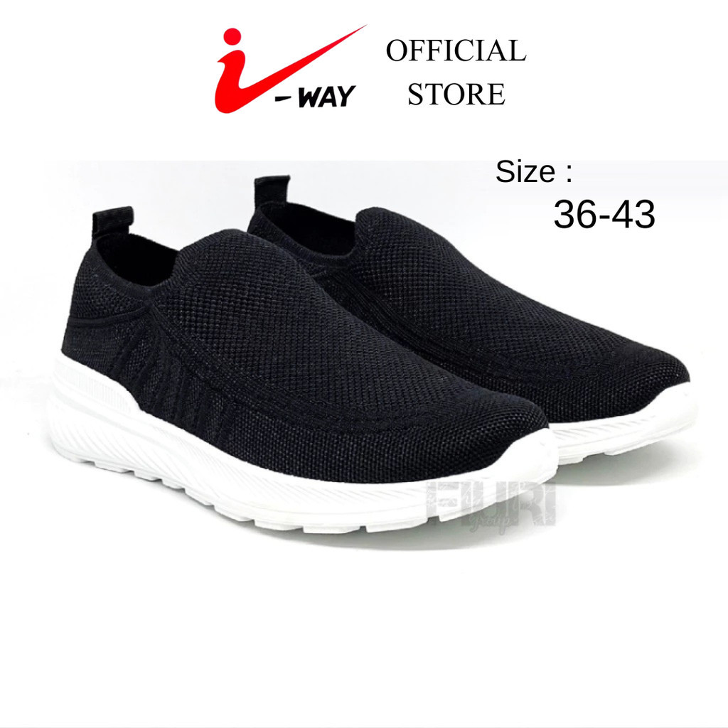 I-Way - Sneakers Slip On 36-40 - Sepatu Selop Rajut Olahraga Pria Wanita - Hitam Putih