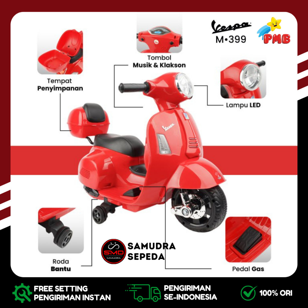 Motor Aki Mainan Anak Cas Listrik PMB 399 M399 Vespa Mini Senderan dan Box 6V Murah BDG