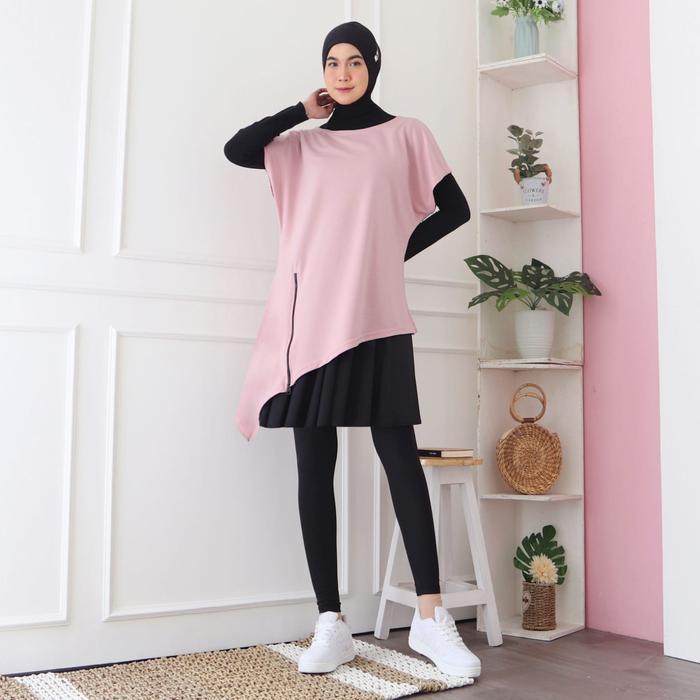 HITJAB - Baju Atasan Olahraga Wanita Sport Tunik Zipper Padel Senam Gym Fitness Training Muslim Panj