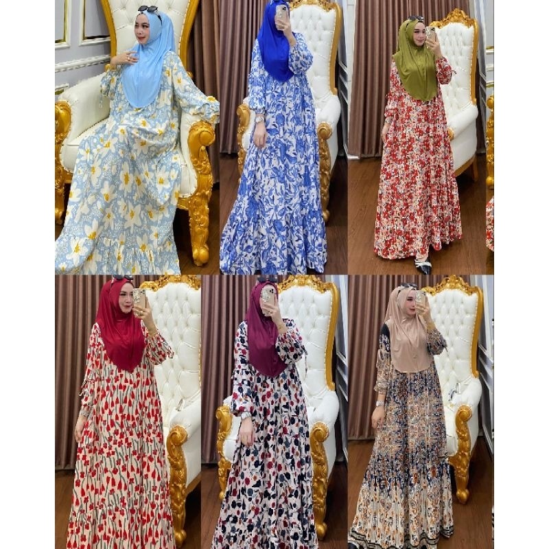 DRESS Set Bergo Gamis Katun Rayon Set Jilbab READY RUMAH GAMIS