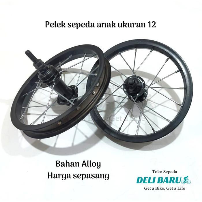 Pelek jadi Wheelset ukuran 12 Velg Alloy hitam SEPASANG sepeda anak