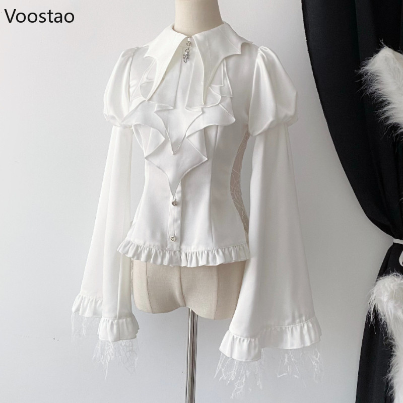 Gothic Y2k Lolita Style Shirts Women Vintage Mesh Lantern Long Sleeve Blouse Female Japanese Victori