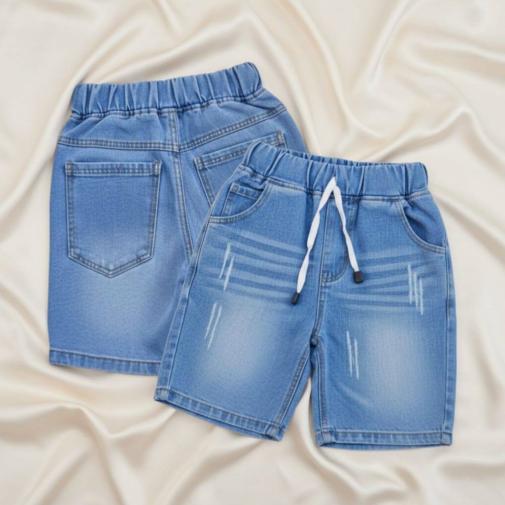 Celana Pendek Jeans Anak Laki-Laki KIKO Warna Biru Denim Tebal Varian Sobek 2–9 Tahun