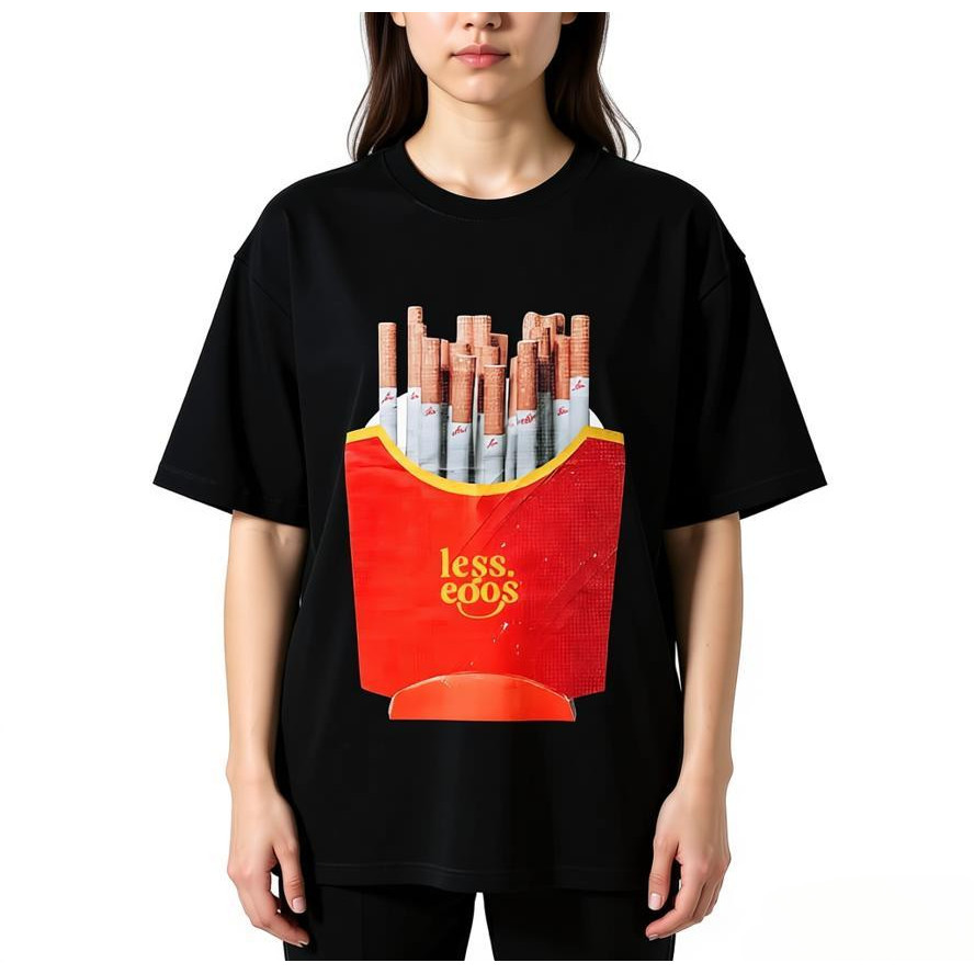 Baju Hitam Ukuran Lebar Cetakan Grafis Rokok Kentang Goreng Unik