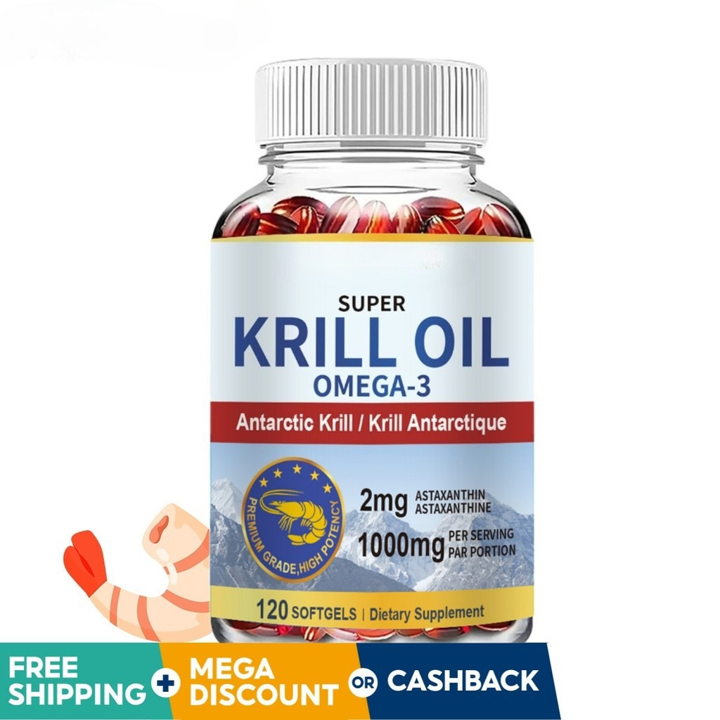 Minyak Krill Antartika 1000 mg Astaxanthin & Fosfolipid 120 kapsul Omega 3 Krill - Untuk Dukungan Ot