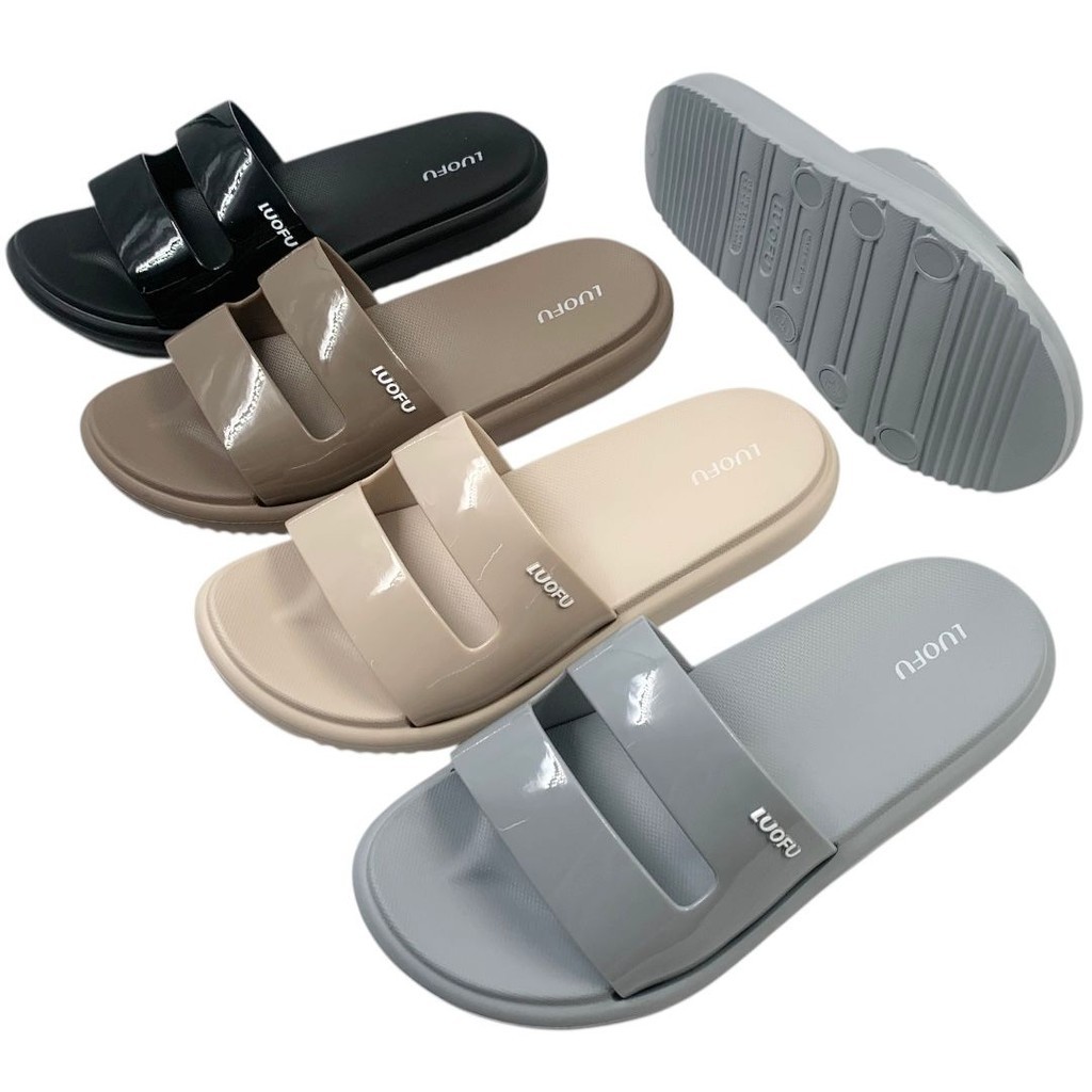 LUOFU Sandal Selop Karet Ban 2 Polos Wanita Import E7213B2-BRWT (X6) Luofu Import