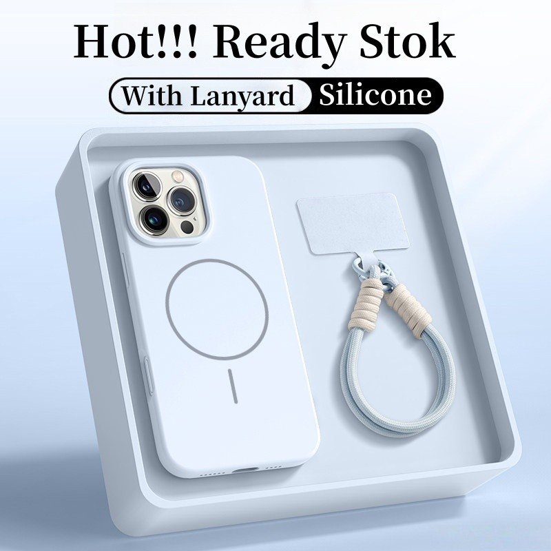 Case iphone16Pro Max Lanyard Casing Sierra blue Color Premium Luxury Magnetic Liquid Silicone Phone 