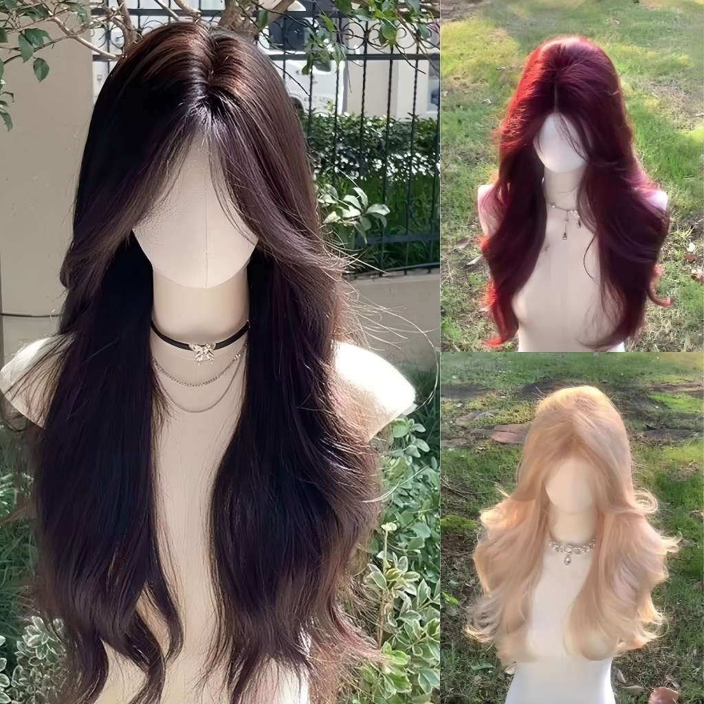 Wig wanita full kepala wig rambut panjang curly wig panjang raspberry merah 60cm rambut panjang wani