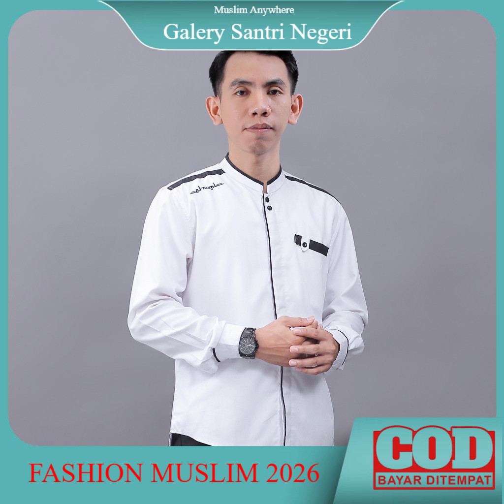 Baju Koko Pria Elrumi Lengan Panjang Motif Yisunsin Warna Putih Kemeja Koko Putih Baju Muslim Pria