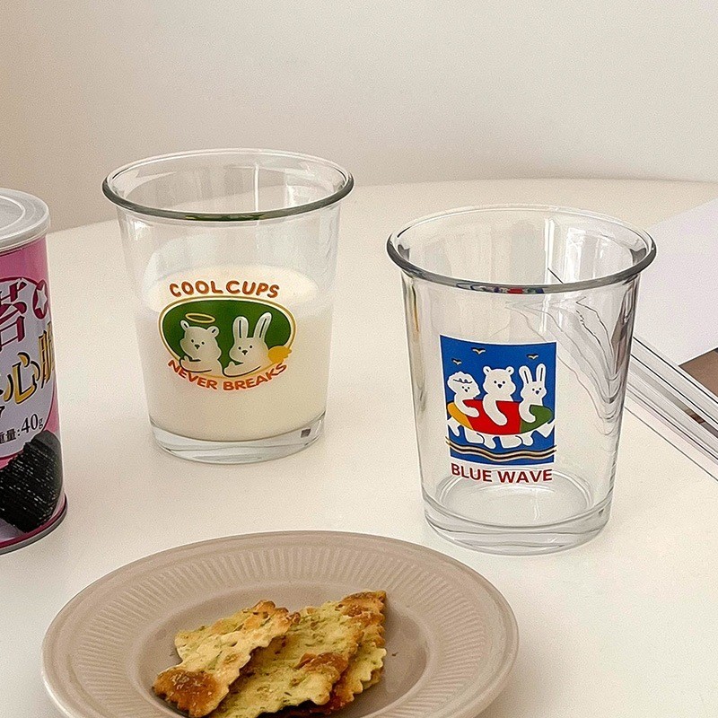 Gelas Kaca Aesthetic Motif Beruang & Kelinci 300–400ml | Gelas Minum Kopi Susu Ice Coffee Latte Beni