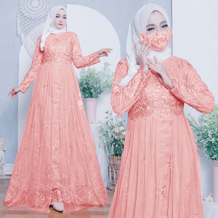 V Gamis Yumna Full Brukat Tile Mewah  Free Masker Maxi Dress Pesta Brokat Jumbo Ukuran S-M,L,XL,XXL 