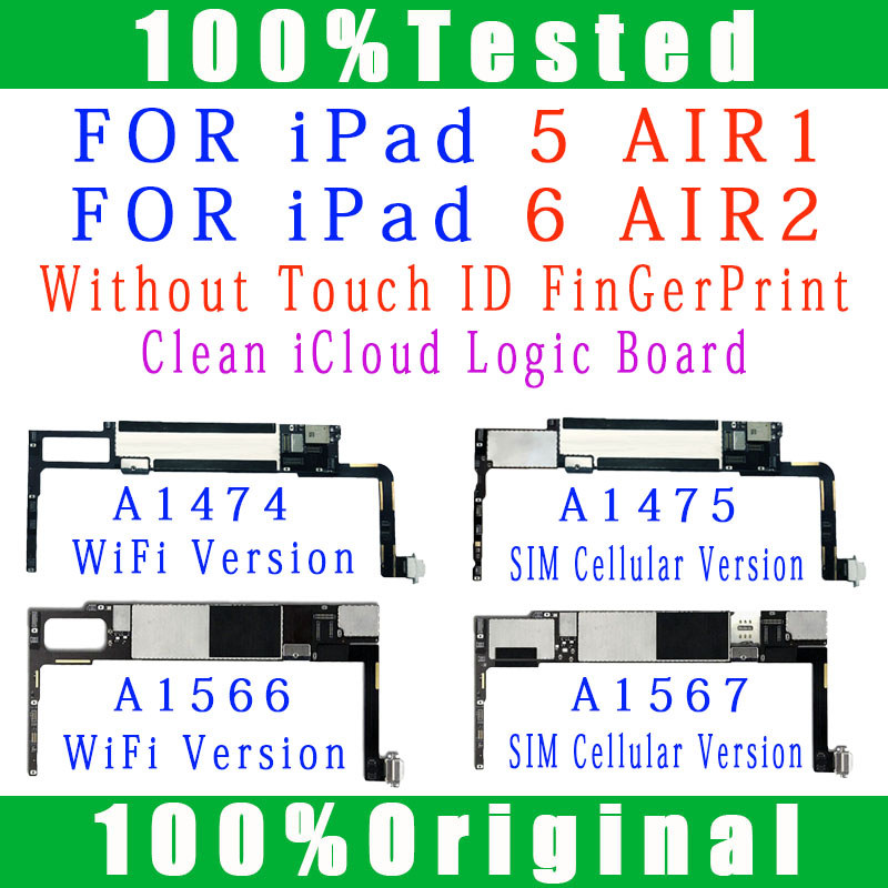 Free iCloud Logic Board For iPad 5 6 Air 1 2 Motherboard A1566 A1567 A1474 A1475 WIFI & WIFI Cellula