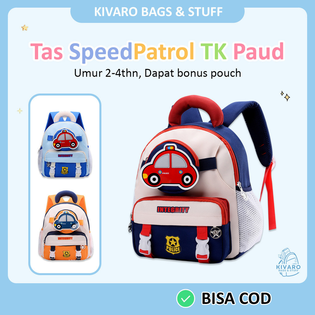 [HOT] Kivaro SpeedPatrol Series Tas Anak TK PAUD Motif Mobil Polisi Laki-laki Usia 2-4Thn 30cm | 628