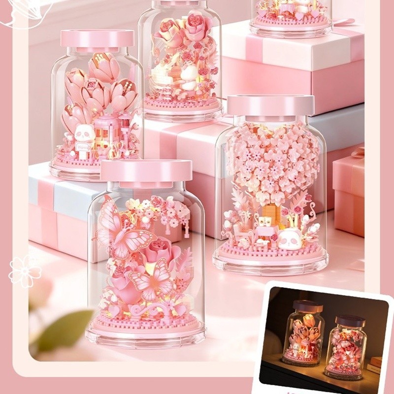 Set Blok Bunga Sakura & Mawar Viral | Mainan Edukasi Bangun | Hiasan Meja Aesthetic dengan Botol Kac