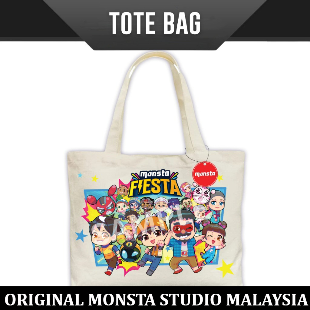 Tas Canvas Kanvas Tote Les tali samping Monsta Fiesta Official Tote Bag boboiboy papa pipi zola mech