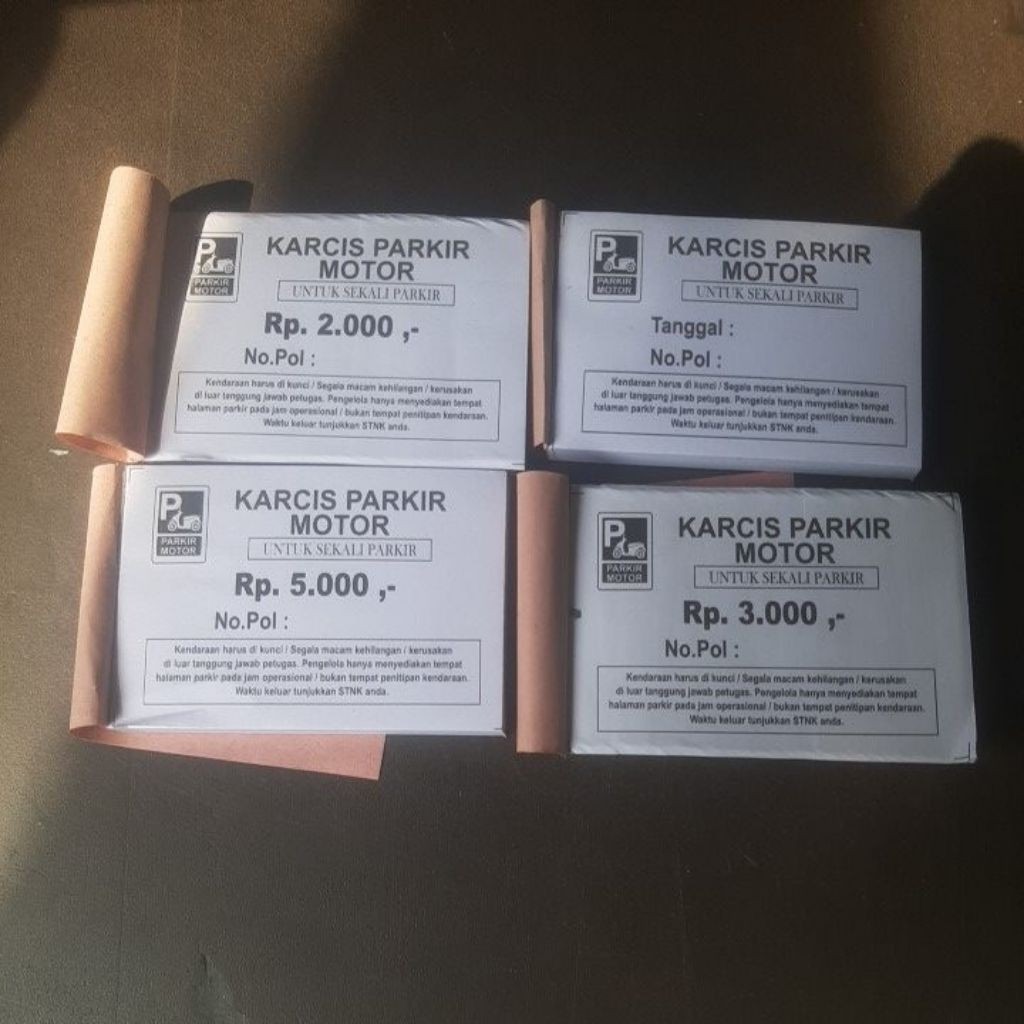 Karcis Parkir Motor isi 100 lembar ukuran 5,5cm x 8cm tarif 2000 3000 5000 dan tanpa tarif