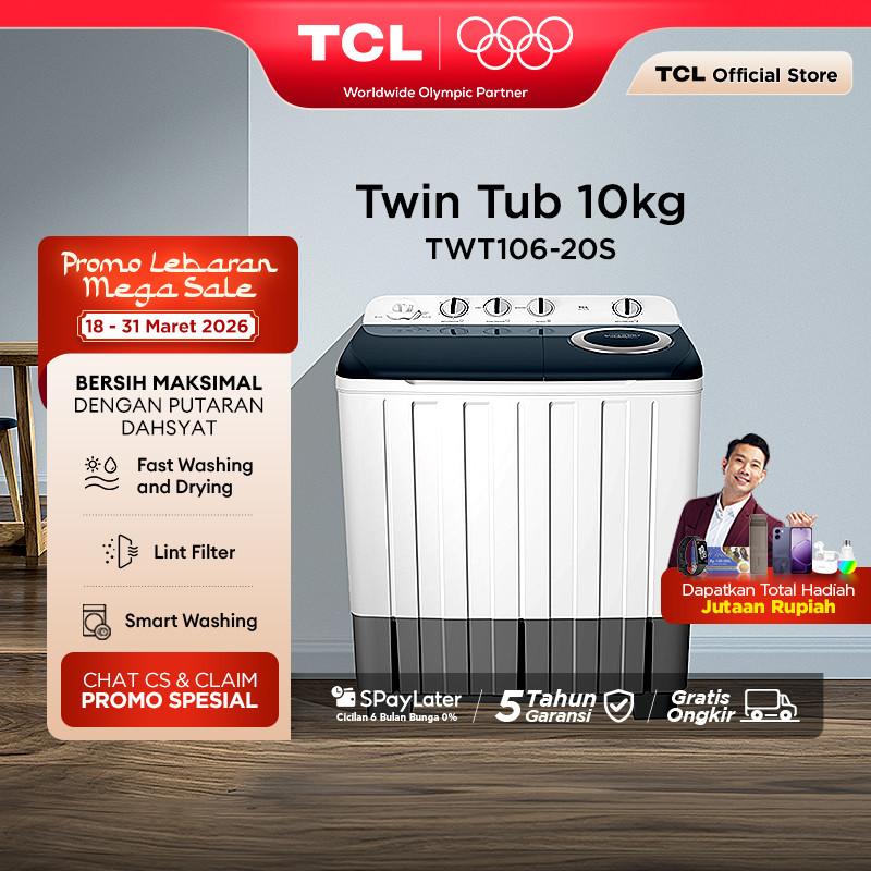 TCL Mesin Cuci 2 Tabung - Twintub 10KG - Lint Filter - Anti Karat - Anti Tikus (Model: TWT106-20S)