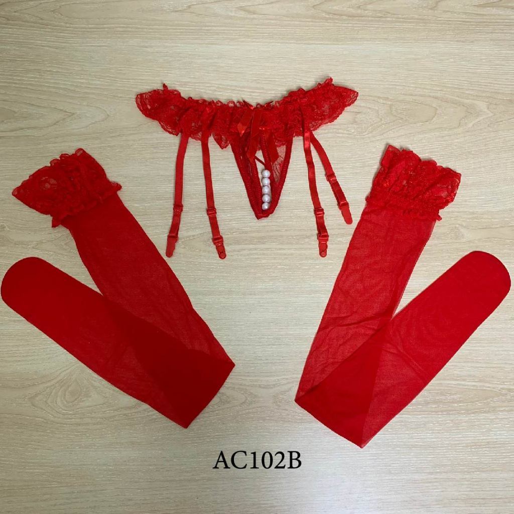 Set Garter Belt Stocking Wanita Aksesoris Lingerie Premium Lace Merah Ac102B