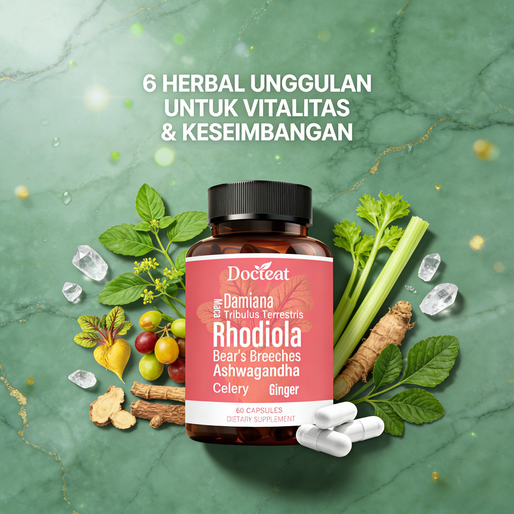 Docteat 60 Kapsul dengan Damiana, Tribulus, Rhodiola & Ashwagandha untuk Vitalitas & Keseimbangan CO