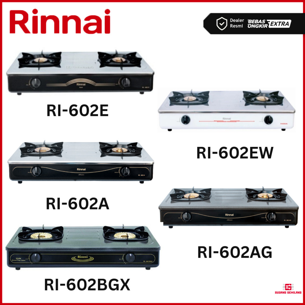 Kompor Gas RINNAI 2 Tungku Body Stainless/Ceflon Api Besar/Api Lilin RI-602E/RI-602EW/RI-602A/RI-602