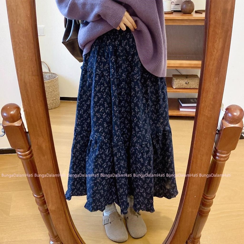 Wanita lembut retro Mori rok payung bunga kecil rok pinggang tinggi dan rok kue ungu tipis