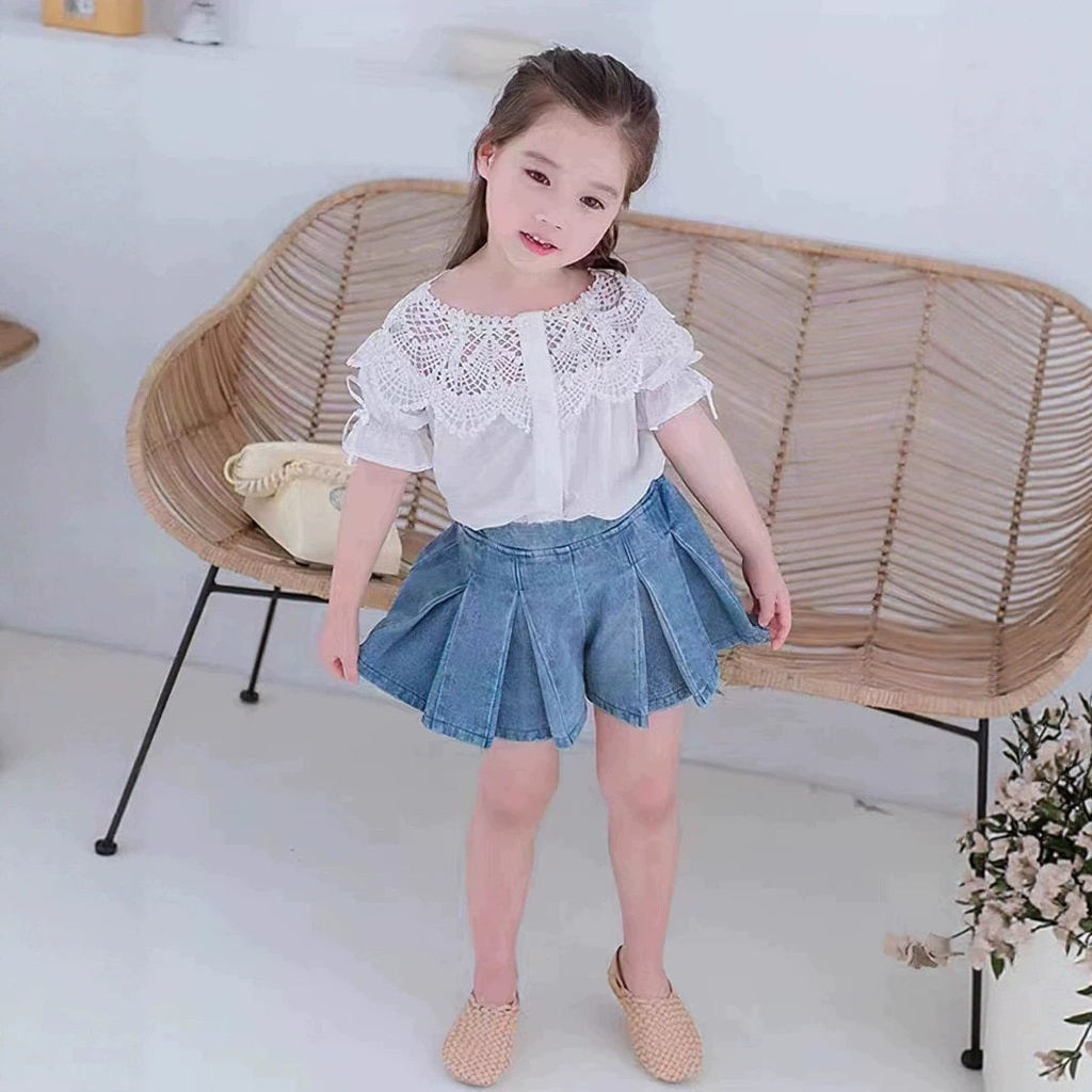 [363894] - One Set 2in1 Setelan Baju Atasan Blouse Katbol Lengan Pendek Bawahan Rok Mini Plisket Den