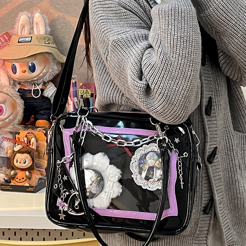 Japanese Harajuku Itabag Women With Metal Chain Clear Transparent PVC Crossbody Bags DIY PU Leather 