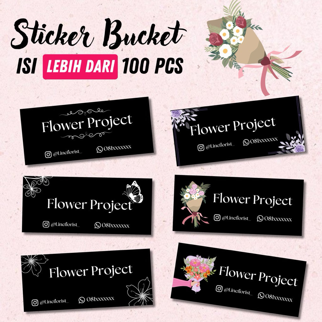 [ 100 PCS ] Sticker Bucket Bunga Florist New Desain Free Custom Bouquet