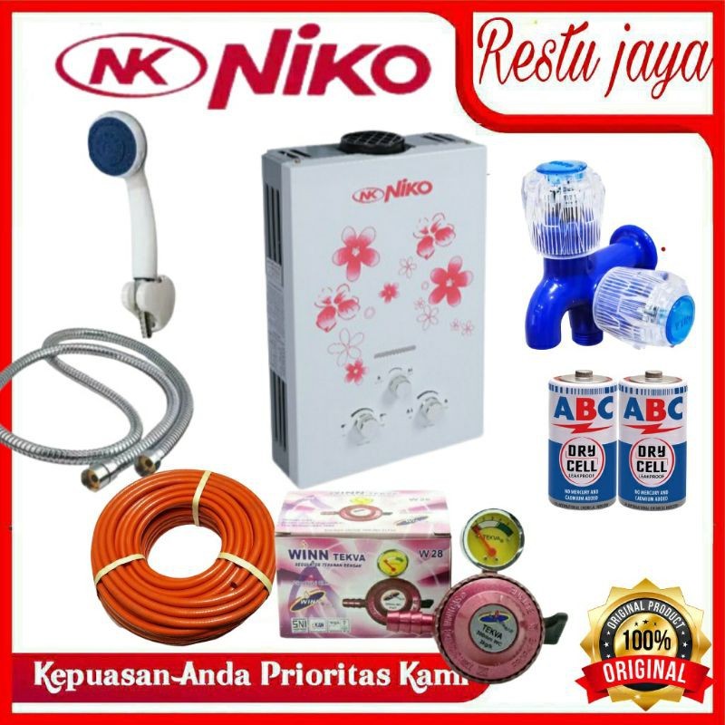 Water heater Pemanas Air Kamar Kamar Mandi Gas Niko Satu Set Lengkap Warna Putih