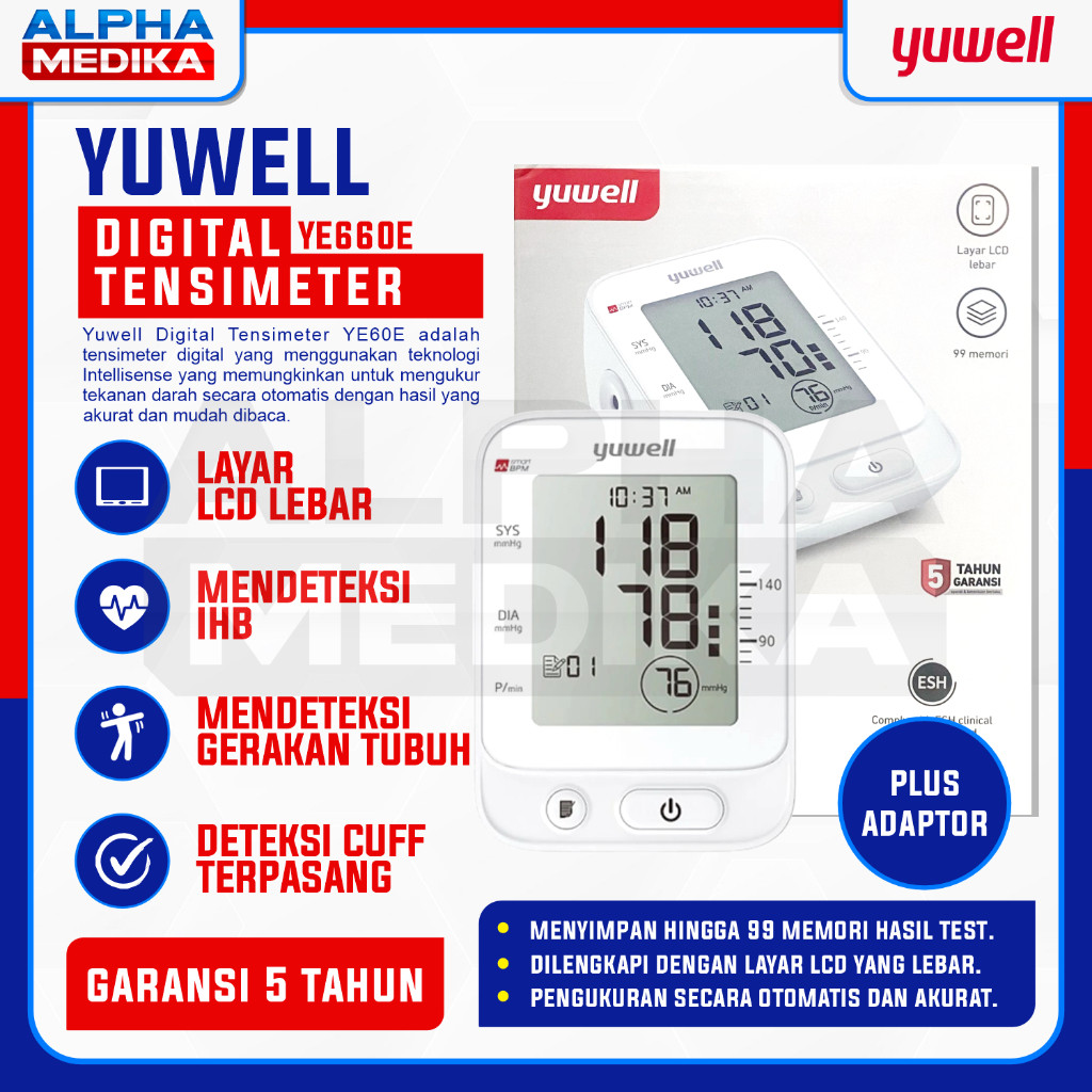 Yuwell - Tensi Digital Yuwell 660E+Adaptor / Tensimeter Digital Yuwell YE660E