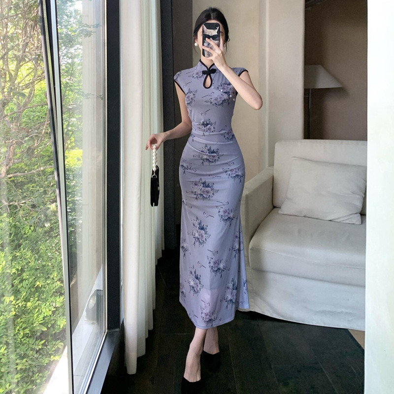 Vintage Sexy Slimming Mesh Printed Cheongsam Long Dress