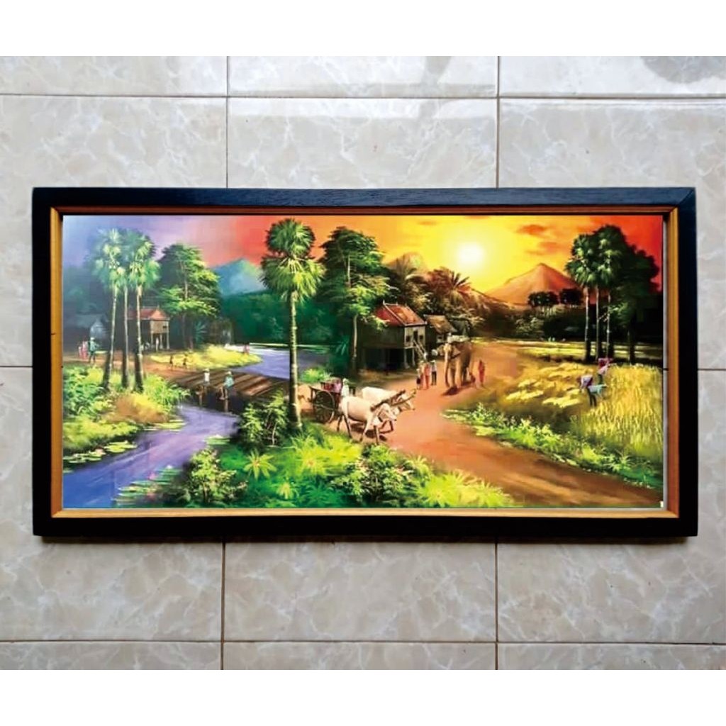 Hiasan Dinding Cetak Lukisan Pedesaan dengan Bingkai Klasik Warna Hitam Emas