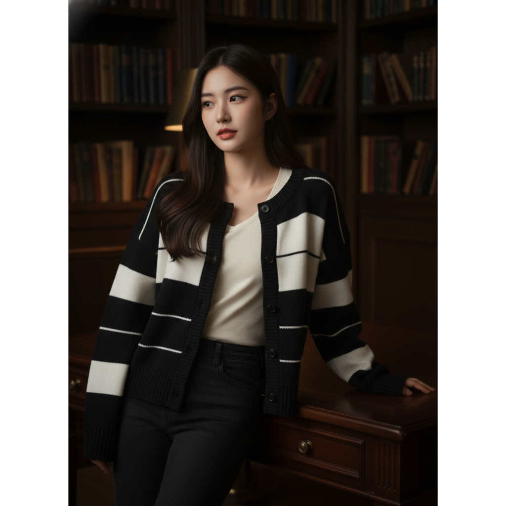 Cardigan Rajut Haru Strip Kancing depan Premium