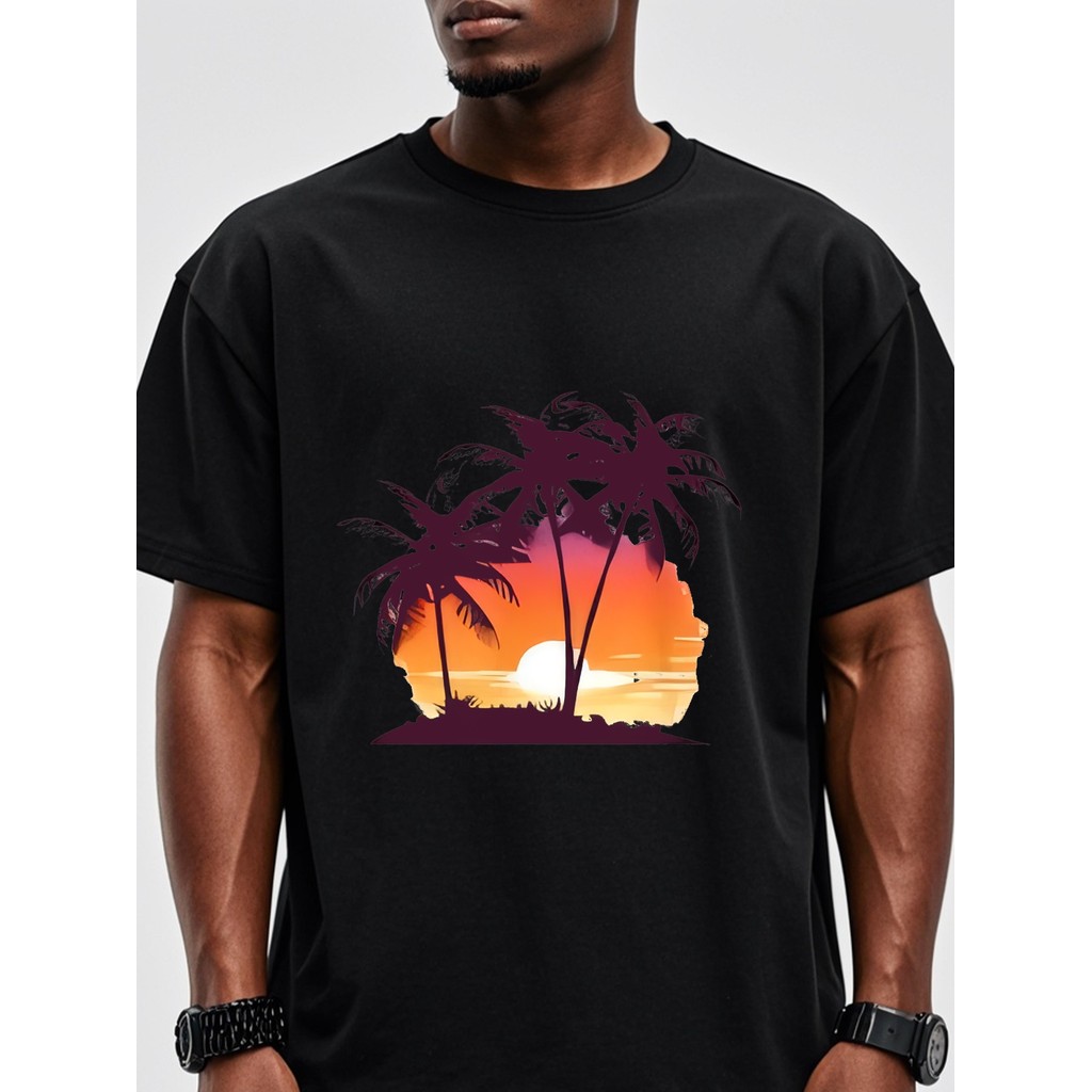 Kaos Pantai, Kaos Oblong Pria Hitam, Sablon Kelapa & Sunset, 100% Katun Lembut