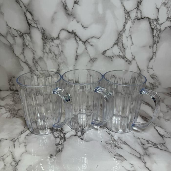 6 Pcs Gelas Gagang Bening Putih Mika Tebal 11 cm x 8 cm Cocok untuk Cafe & Warung Makan Bahan Mika P