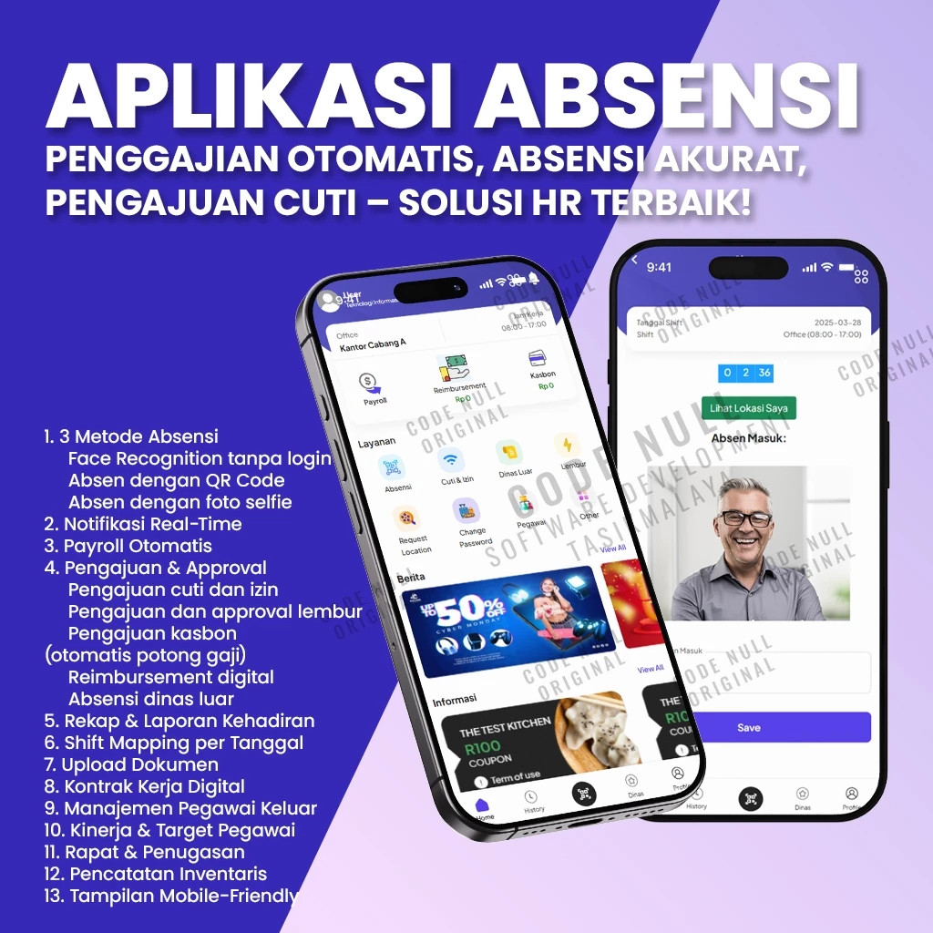Aplikasi Absensi Pegawai, Gajian Otomatis, Cuti, Lembur, Absensi QR, Selfie & Lokasi - Versi BASIC
