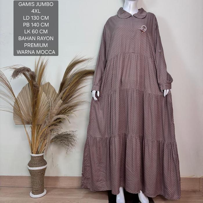 Gamis Jumbo Ld 130 Cm Bahan Rayon  Motif Polkadot - Mocca