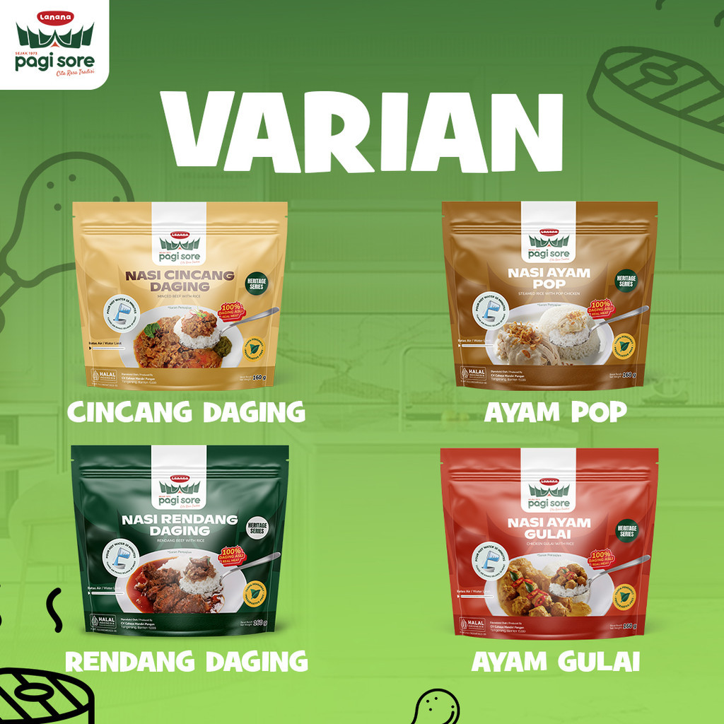 LANANA Pagi Sore - Nasi Lauk Instan Daging Rendang / Daging Cincang / AYAM KARI / AYAM POP 120 GRAM