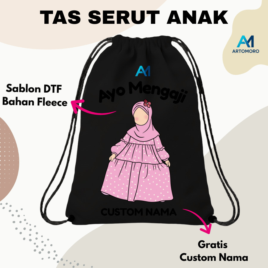 Tas Serut Anak Ayo Mengaji Gratis Custom Nama | Tas Serut Custom Nama | String Bag Anak Custom Nama 