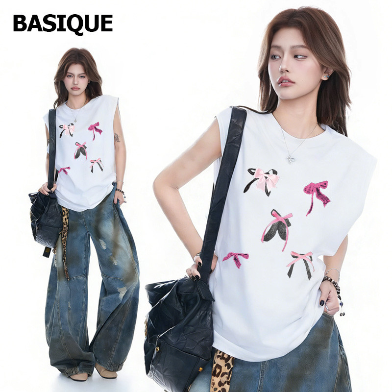 BASIQUE-BOW/Kaos atasan wanita korea style/baju oversize Premium Tanpa Lengan/atasan katun bangkok/B